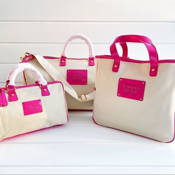 Victoria’s Secret 3 Piece Canvas Travel Bag Set Duffle, Tote, and Satchel
